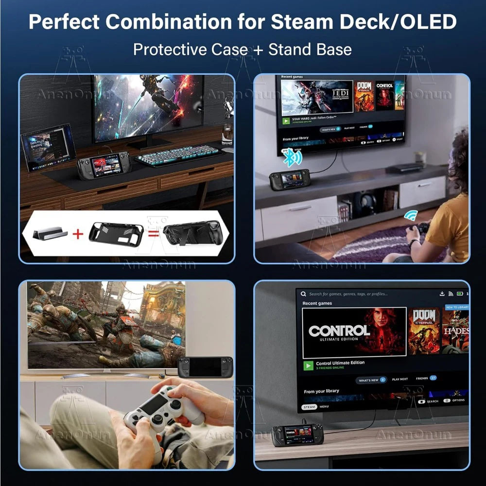 Steam Deck/Steam Deck OLED Full Fit Protective Case w/Folding Stand Base Shockproof Anti-Scratch Non-Slip Silicone Soft Cover