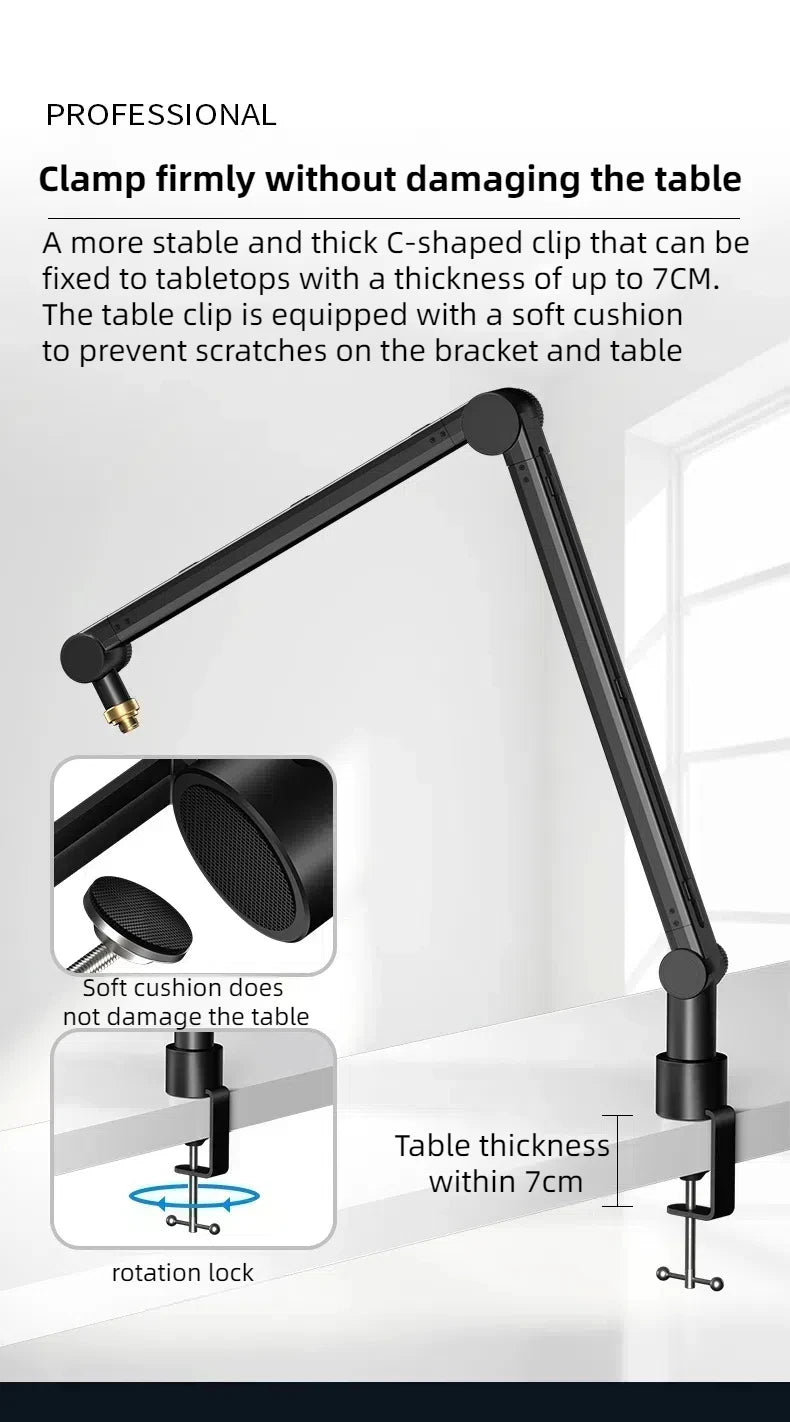 Boom Arm - Adjustable 360° Rotatable Microphone Sturdy Aluminum Alloy Mic Desk, Table Stand Foldable Scissor Stable Mount Arms