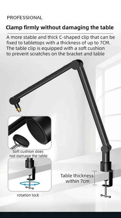Boom Arm - Adjustable 360° Rotatable Microphone Sturdy Aluminum Alloy Mic Desk, Table Stand Foldable Scissor Stable Mount Arms