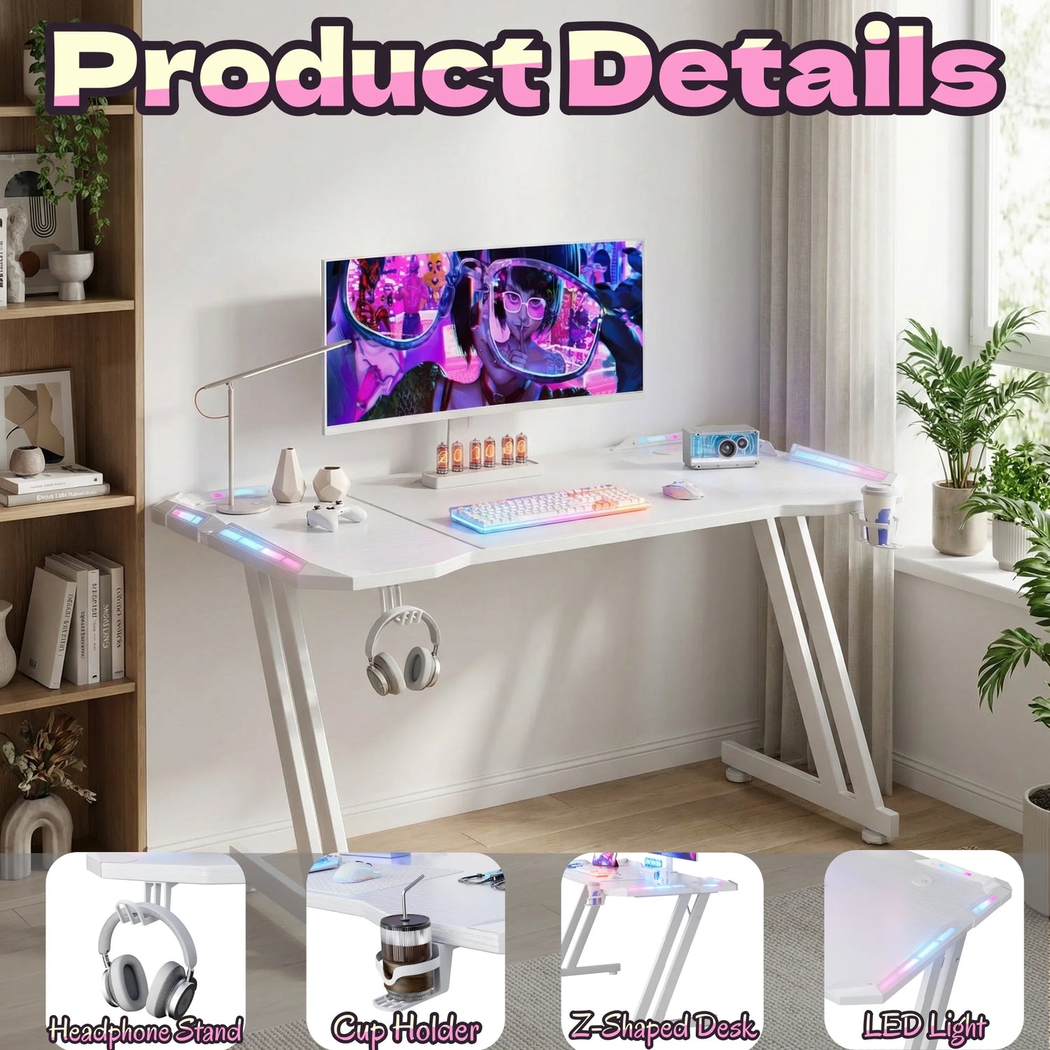 47/55/63inch Gaming Desk, Carbon Fibre Gaming Table with LED Lights, Z Shaped Ergonomic Desk with Cup Holder &amp; Headphone Hook, White