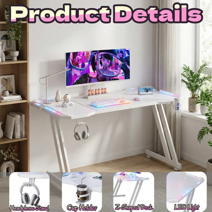 47/55/63inch Gaming Desk, Carbon Fibre Gaming Table with LED Lights, Z Shaped Ergonomic Desk with Cup Holder &amp; Headphone Hook, White