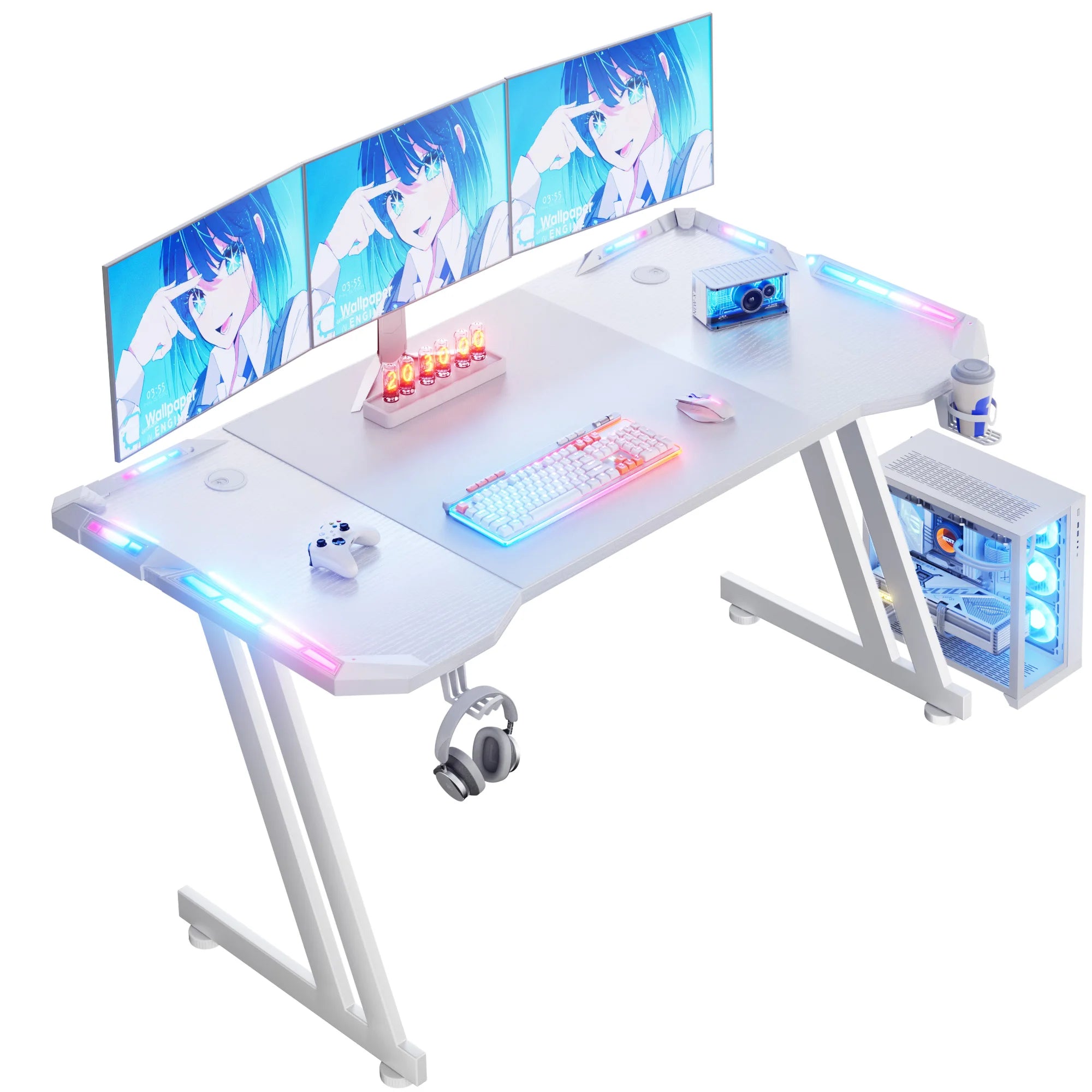 47/55/63inch Gaming Desk, Carbon Fibre Gaming Table with LED Lights, Z Shaped Ergonomic Desk with Cup Holder &amp; Headphone Hook, White