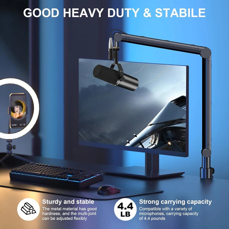 Boom Arm - Adjustable 360° Rotatable Microphone Sturdy Aluminum Alloy Mic Desk, Table Stand Foldable Scissor Stable Mount Arms