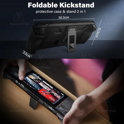 Steam Deck/Steam Deck OLED Full Fit Protective Case w/Folding Stand Base Shockproof Anti-Scratch Non-Slip Silicone Soft Cover