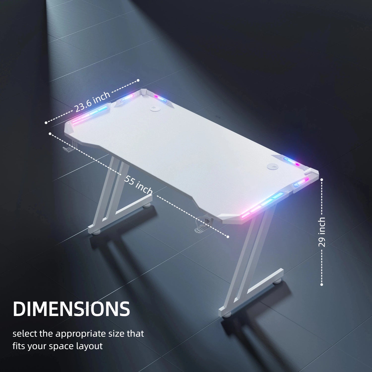 47/55/63inch Gaming Desk, Carbon Fibre Gaming Table with LED Lights, Z Shaped Ergonomic Desk with Cup Holder &amp; Headphone Hook, White