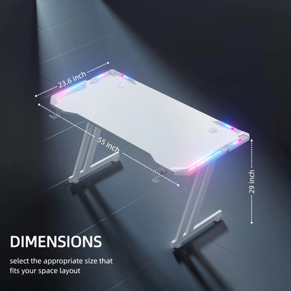 47/55/63inch Gaming Desk, Carbon Fibre Gaming Table with LED Lights, Z Shaped Ergonomic Desk with Cup Holder &amp; Headphone Hook, White