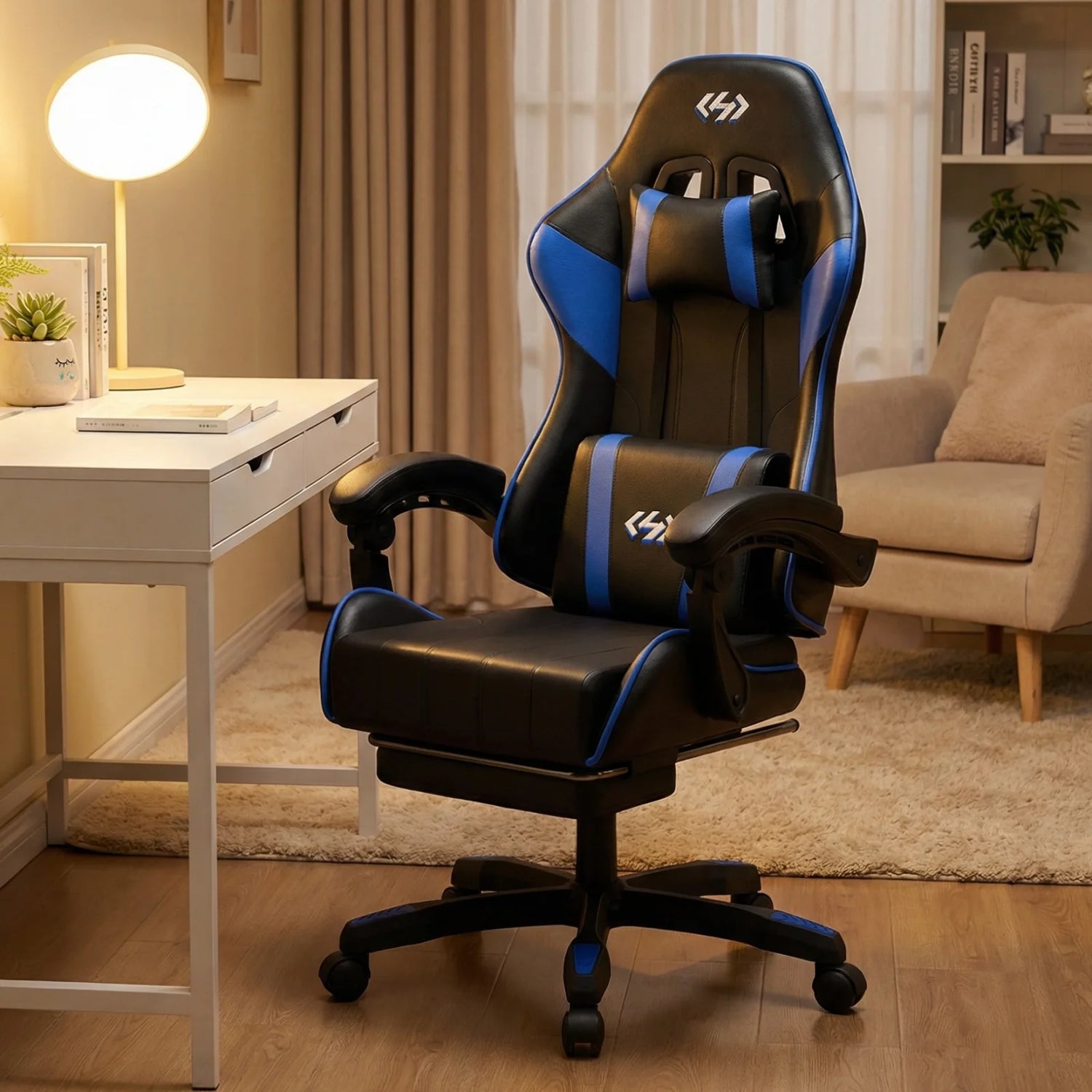 Ergonomic Gaming Chair, PU Leather Computer Office Chair for Adults, Adjustable Height &amp; Reclining Backrest Angle, 360° Swivel Gaming Desk Chair with Lumbar Support, Headrest and Retractable Footrest