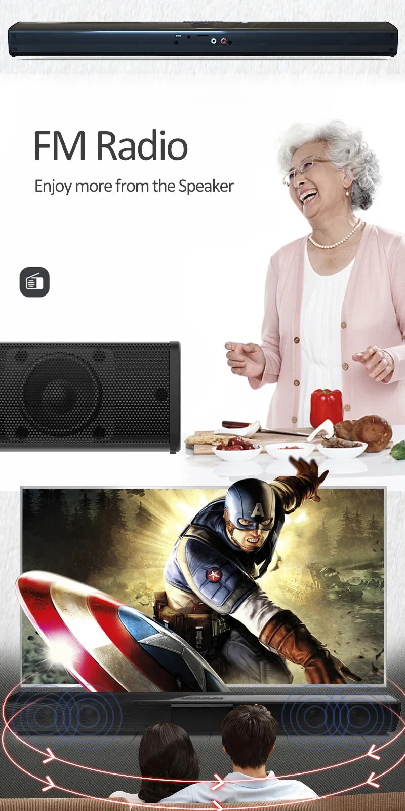40W High Power Soundbar for TV Computer Wireless Bluetooth Speaker Home Theater Sound System FM Radio Subwoofer RCA Soundbox TF