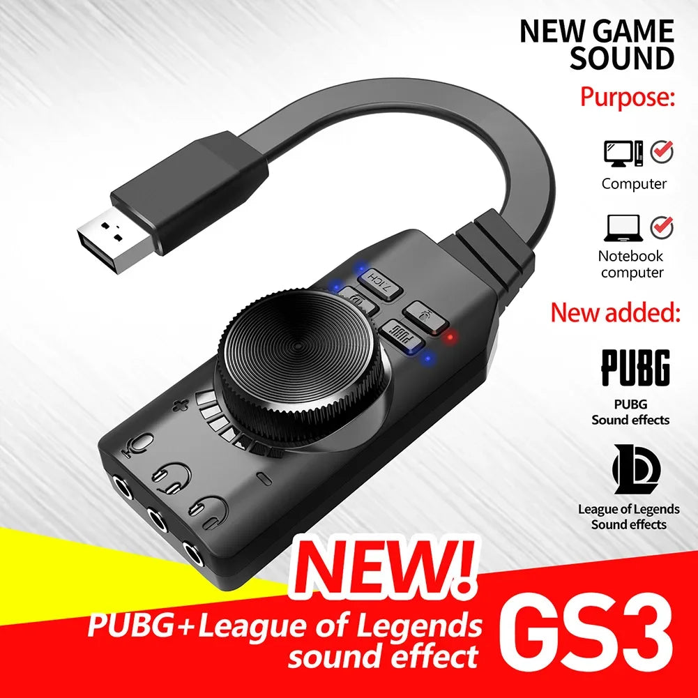 GS3 7.1 Channel Sound Card USB Audio Interface Converter External Sound Card Headset Stereo Adapter for Computer PC Laptop Game