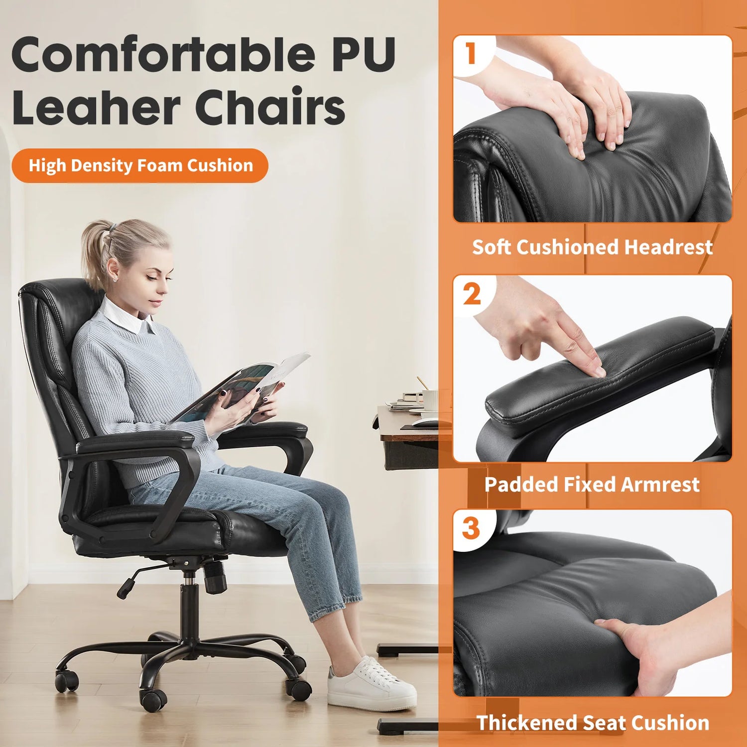 JHK Ergonomic PU Leather Padded Armrest Living Room Rocking Gaming Chair Swivel Wheel With Lumbar Support Gaming Chairs