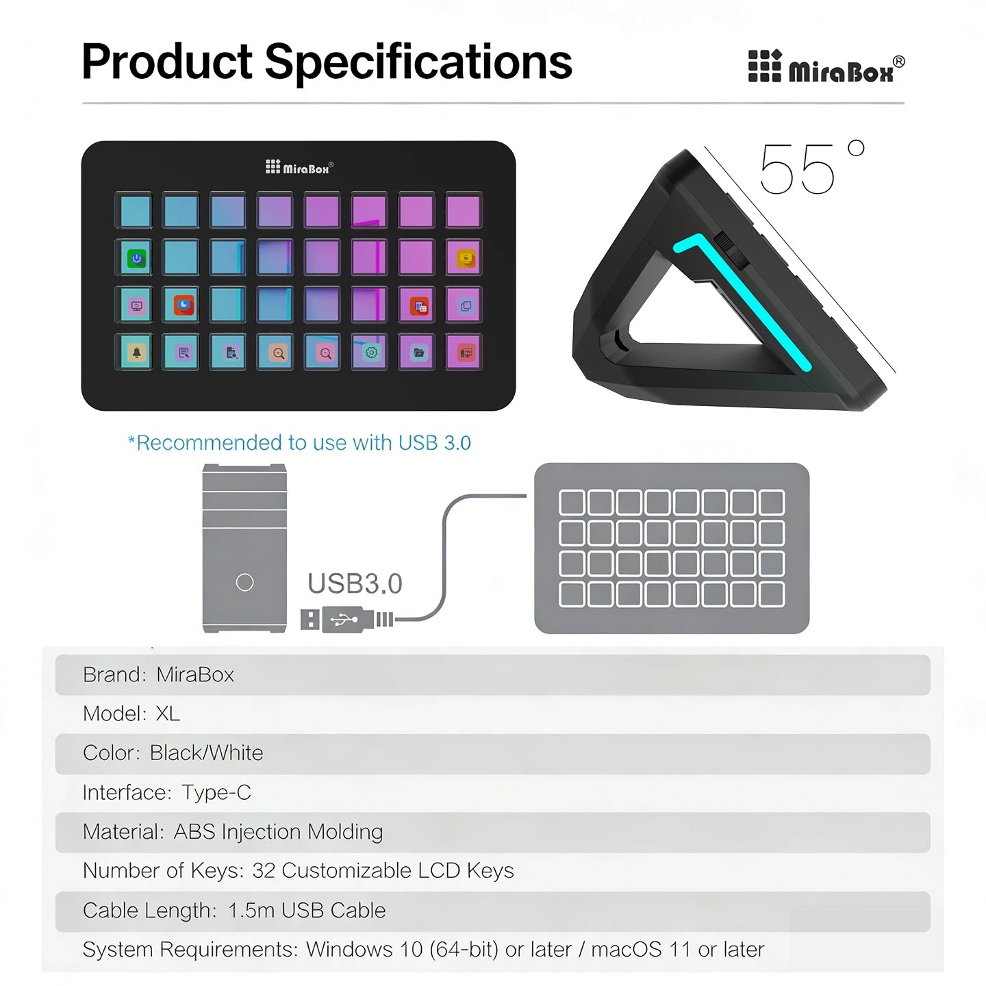 Mirabox XL 32-Key Visual Stream Deck Streamdeck Deck Dock Macro Pad Controller Desktop Console Stream Desk For OBS Streaming