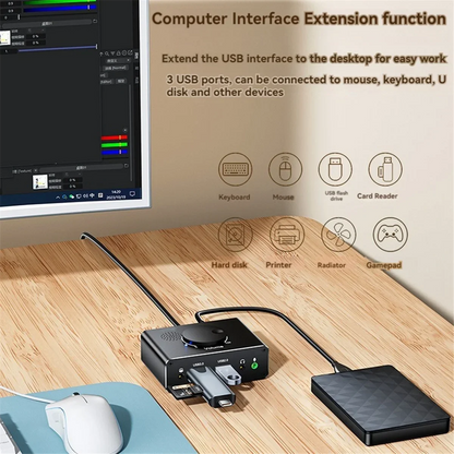 USB External Sound Card 3 Ports USB 2.0 to 3.5mm Sound Card with Volume Control Driver-Free Volume Adjustable Sound Card