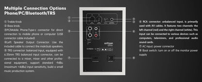 Ortizan Audio Bookshelf Active Speakers Studio Monitor，Bluetooth 5.3 Wireless Computer TV PC USB DAC HiFi Home Subwoofer System