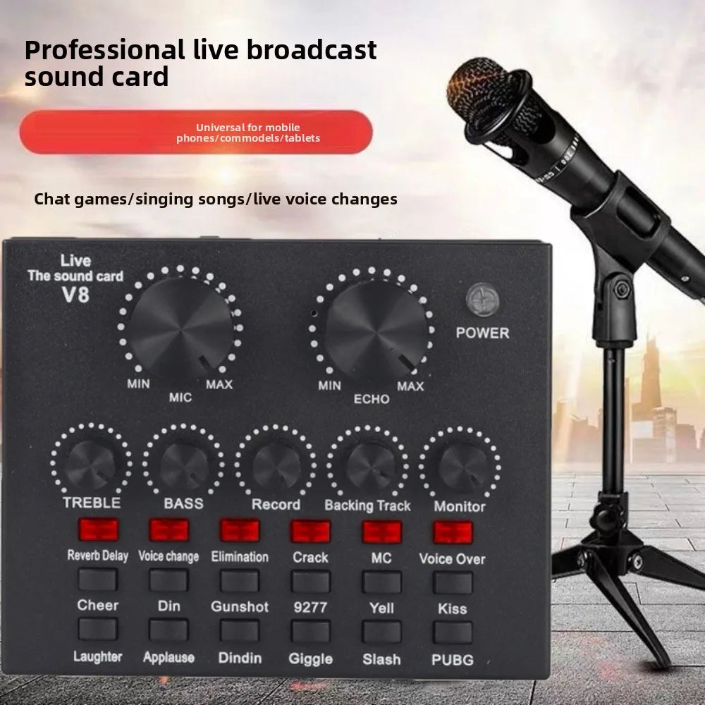 Audio Mixer V8 Sound Card Karaoke Recording Professional Mic Sound Card Portable Studio Record External Sound Card Webcast Live