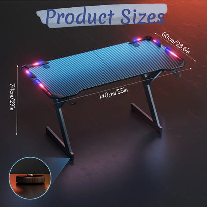 Y‑Shaped Gaming Desk with RGB LED Lights, Ergonomic Carbon‑Fiber Surface PC Workstation Table with Headphone Hook &amp; Cup Holder