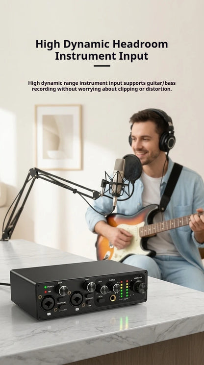 2 Channel USB Audio Interface with 48V Phantom Power Low Noise Sound Card for PC - Ideal for Recording Podcasts Guitar And Live