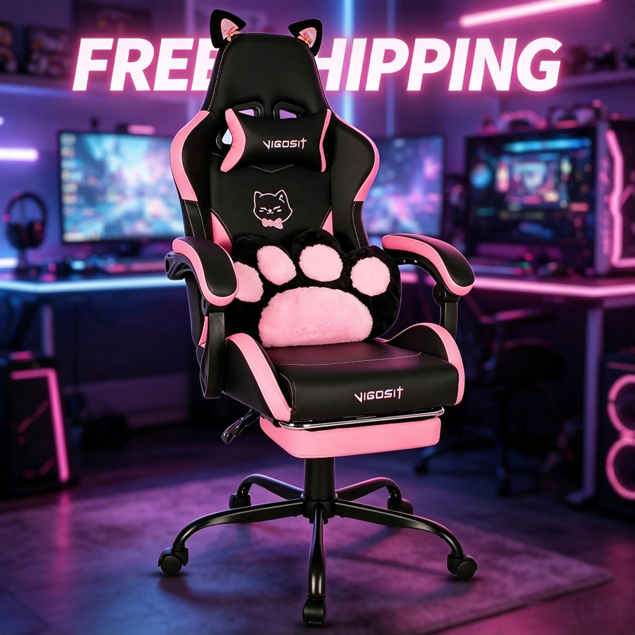 VIGOSIT Ergonomic Computer Chair with Footrest and Headrest,Gaming Chair Cute with Cat Ears and Massage Lumbar Support, Comfortable Reclining Game Chair 290lbs for Adult, Teen