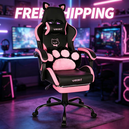 VIGOSIT Ergonomic Computer Chair with Footrest and Headrest,Gaming Chair Cute with Cat Ears and Massage Lumbar Support, Comfortable Reclining Game Chair 290lbs for Adult, Teen