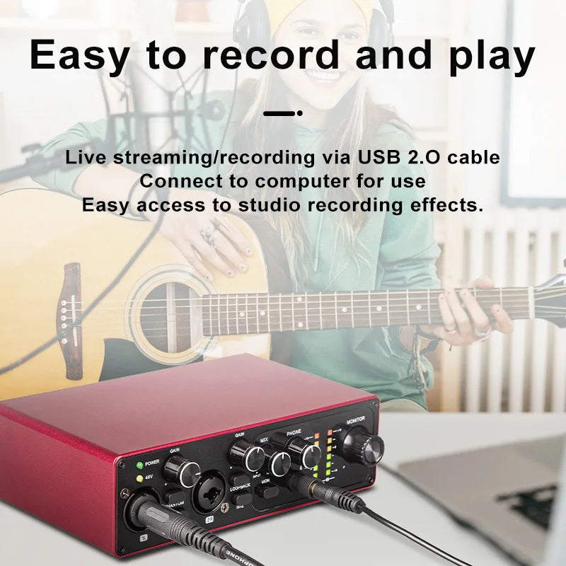 USB Audio Interface Sound Card, High Samping Rate, Noise-Free for Content Creators &amp; Musicians, for Computer Recording