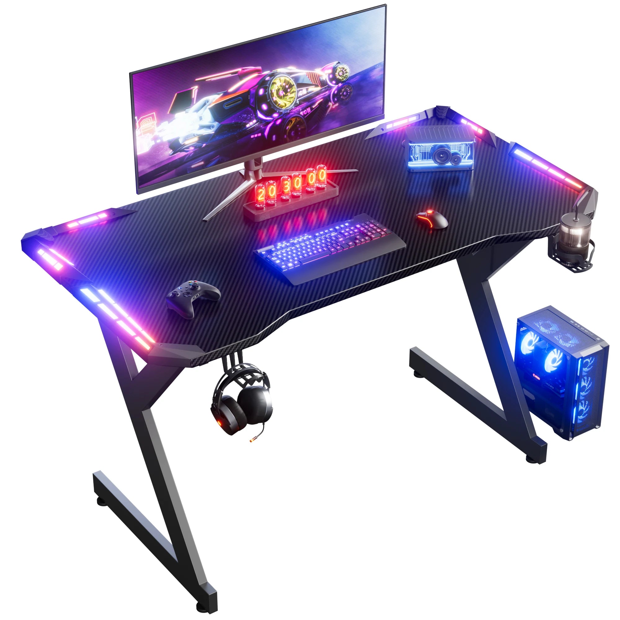 Y‑Shaped Gaming Desk with RGB LED Lights, Ergonomic Carbon‑Fiber Surface PC Workstation Table with Headphone Hook &amp; Cup Holder