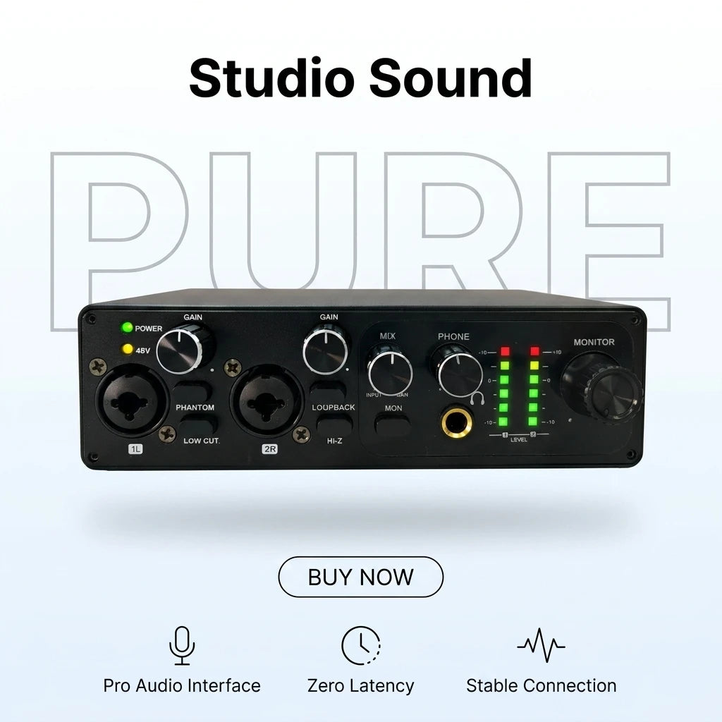2 Channel USB Audio Interface with 48V Phantom Power Low Noise Sound Card for PC - Ideal for Recording Podcasts Guitar And Live