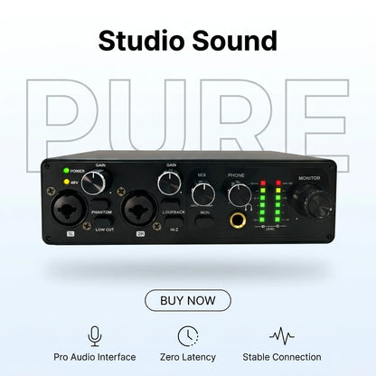 2 Channel USB Audio Interface with 48V Phantom Power Low Noise Sound Card for PC - Ideal for Recording Podcasts Guitar And Live