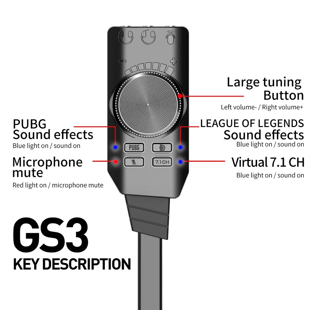 GS3 7.1 Channel Sound Card USB Audio Interface Converter External Sound Card Headset Stereo Adapter for Computer PC Laptop Game
