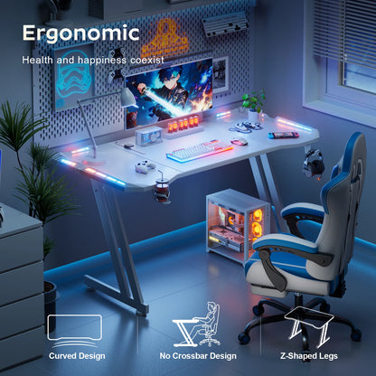 47/55/63inch Gaming Desk, Carbon Fibre Gaming Table with LED Lights, Z Shaped Ergonomic Desk with Cup Holder &amp; Headphone Hook, White
