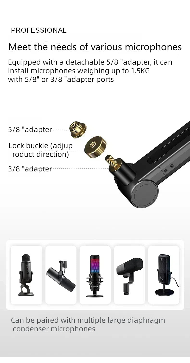 Boom Arm - Adjustable 360° Rotatable Microphone Sturdy Aluminum Alloy Mic Desk, Table Stand Foldable Scissor Stable Mount Arms