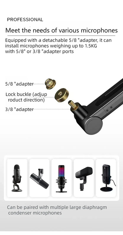 Boom Arm - Adjustable 360° Rotatable Microphone Sturdy Aluminum Alloy Mic Desk, Table Stand Foldable Scissor Stable Mount Arms