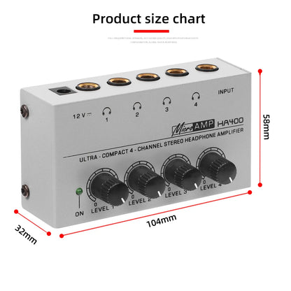 Headphone Amplifier Ultra-Compact Stereo Earphone Amplifier Audio Amplifier 4 Channels for Music 6.35MM Jack with Volume Control