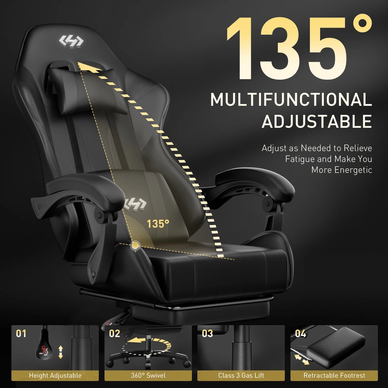 Ergonomic Gaming Chair, PU Leather Computer Office Chair for Adults, Adjustable Height &amp; Reclining Backrest Angle, 360° Swivel Gaming Desk Chair with Lumbar Support, Headrest and Retractable Footrest