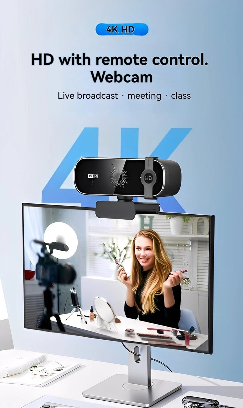 4K Webcam For PC Auto-Focus with Remote Control Privacy Cover Webcam With Microphone Plug &amp; Play For Laptop/Desktop Video Callin