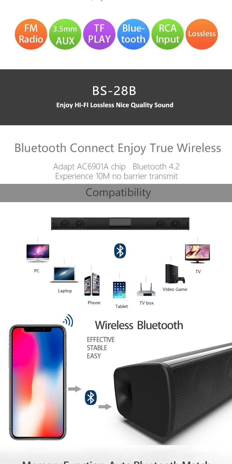 40W High Power Soundbar for TV Computer Wireless Bluetooth Speaker Home Theater Sound System FM Radio Subwoofer RCA Soundbox TF