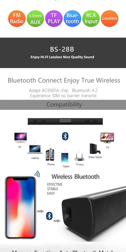 40W High Power Soundbar for TV Computer Wireless Bluetooth Speaker Home Theater Sound System FM Radio Subwoofer RCA Soundbox TF