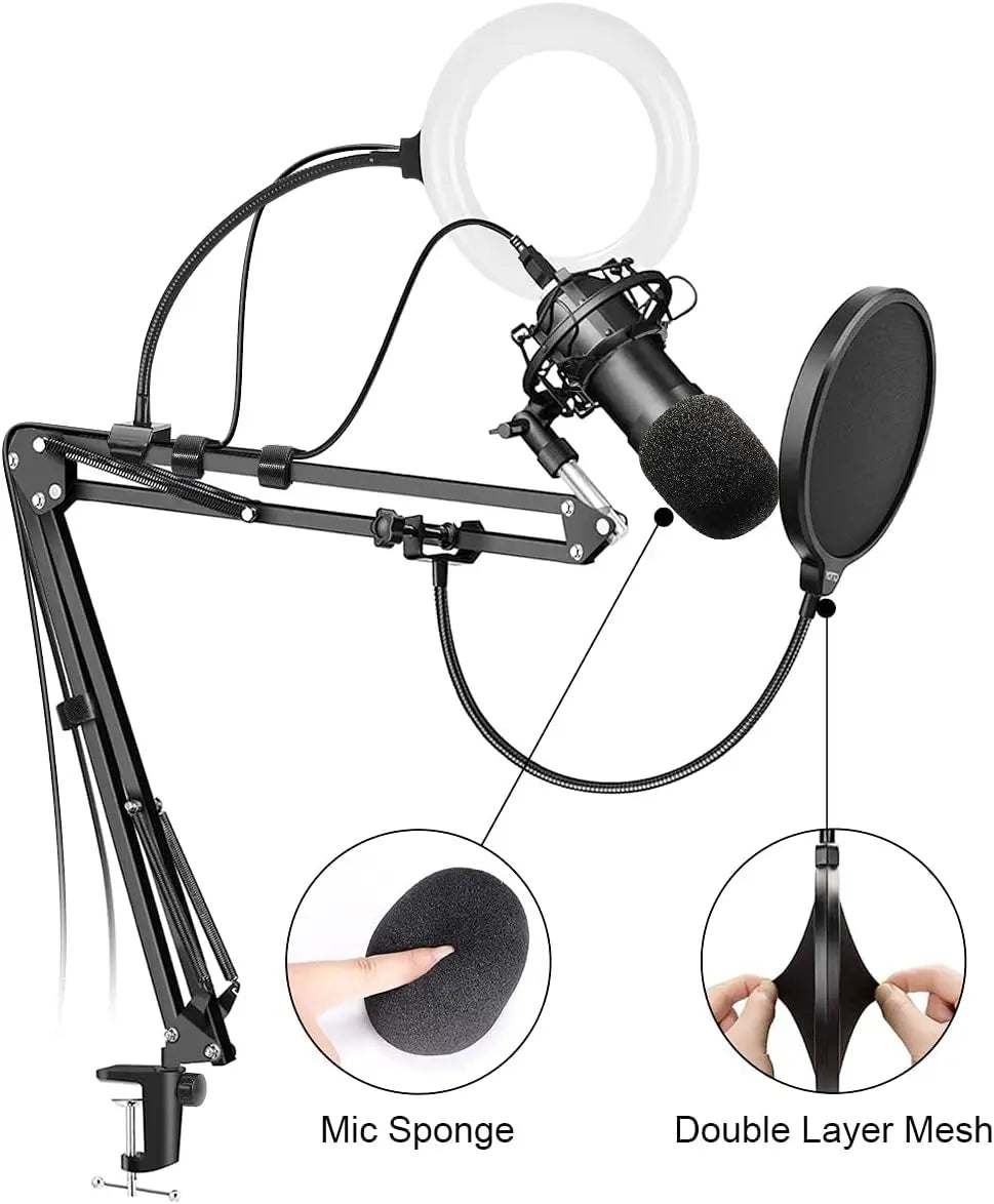 Microphone Stand, WOSTOO Mic Stand Desk Boom Arm with Fill Light Professional