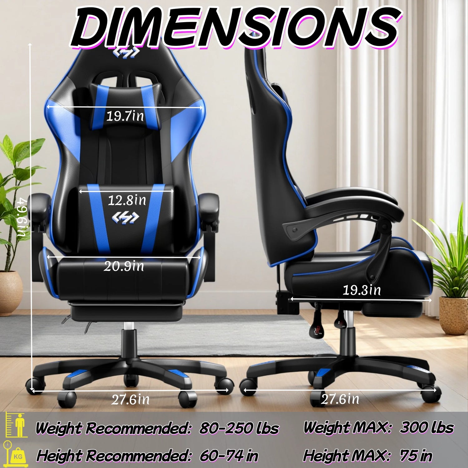 Ergonomic Gaming Chair, PU Leather Computer Office Chair for Adults, Adjustable Height &amp; Reclining Backrest Angle, 360° Swivel Gaming Desk Chair with Lumbar Support, Headrest and Retractable Footrest