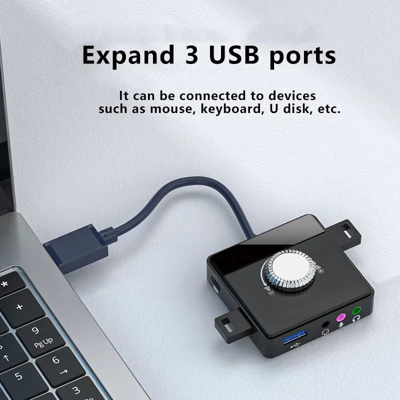 USB External Sound Card 3 Ports USB 2.0 to 3.5mm Sound Card with Volume Control Driver-Free Volume Adjustable Sound Card