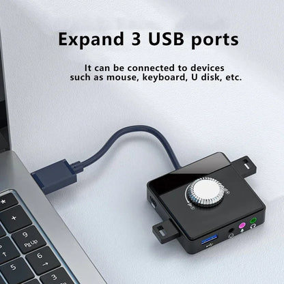 USB External Sound Card 3 Ports USB 2.0 to 3.5mm Sound Card with Volume Control Driver-Free Volume Adjustable Sound Card