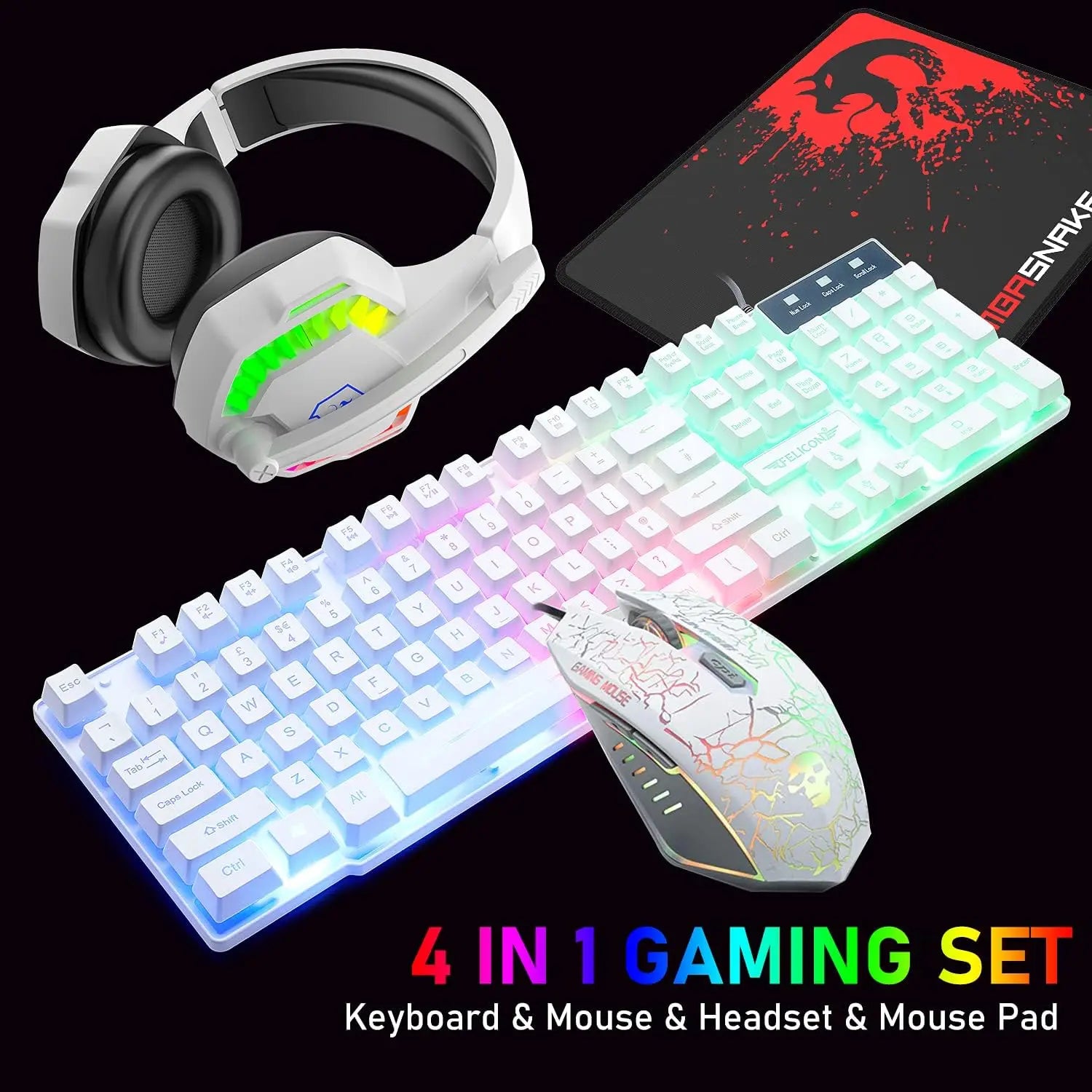 MAMBASNAKE T11 UK 100% Gaming Keyboard&amp;Mouse&amp;Headset&amp;Mouse Pad Combo Set Rainbow Backlit Keyboard, 2400DPI 4 Buttons USB Wired