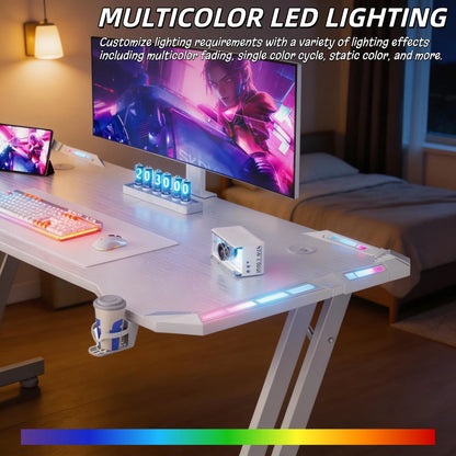 47/55/63inch Gaming Desk, Carbon Fibre Gaming Table with LED Lights, Z Shaped Ergonomic Desk with Cup Holder &amp; Headphone Hook, White