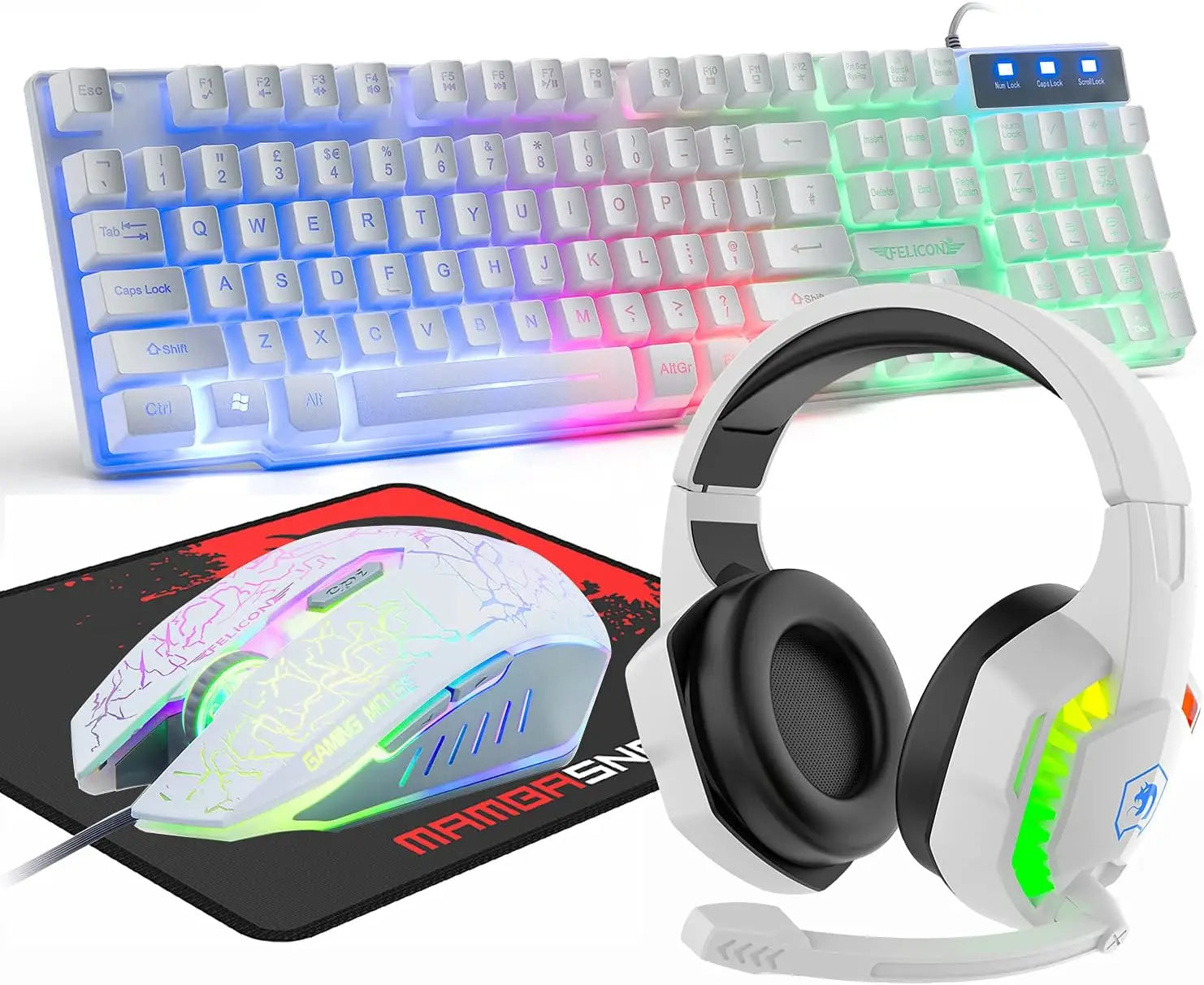MAMBASNAKE T11 UK 100% Gaming Keyboard&amp;Mouse&amp;Headset&amp;Mouse Pad Combo Set Rainbow Backlit Keyboard, 2400DPI 4 Buttons USB Wired