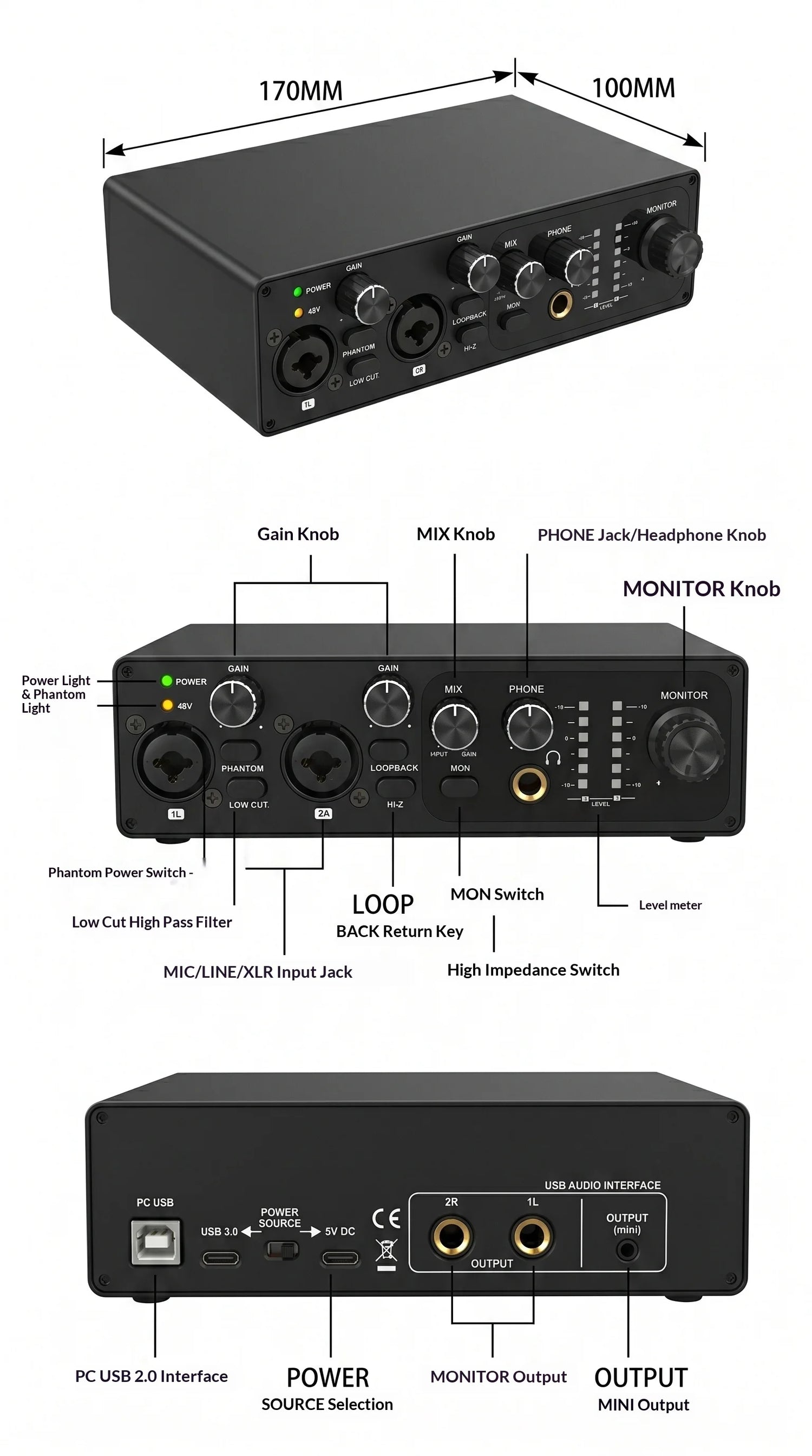 2 Channel USB Audio Interface with 48V Phantom Power Low Noise Sound Card for PC - Ideal for Recording Podcasts Guitar And Live