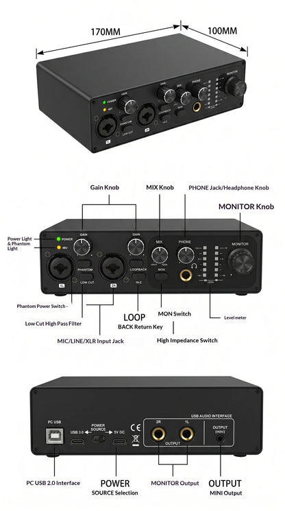 2 Channel USB Audio Interface with 48V Phantom Power Low Noise Sound Card for PC - Ideal for Recording Podcasts Guitar And Live