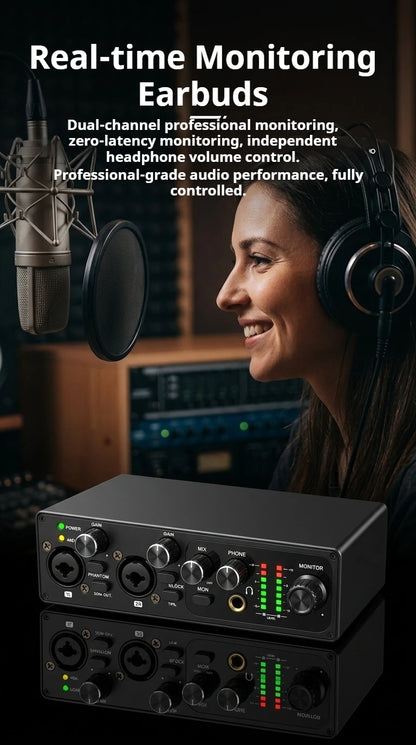 2 Channel USB Audio Interface with 48V Phantom Power Low Noise Sound Card for PC - Ideal for Recording Podcasts Guitar And Live