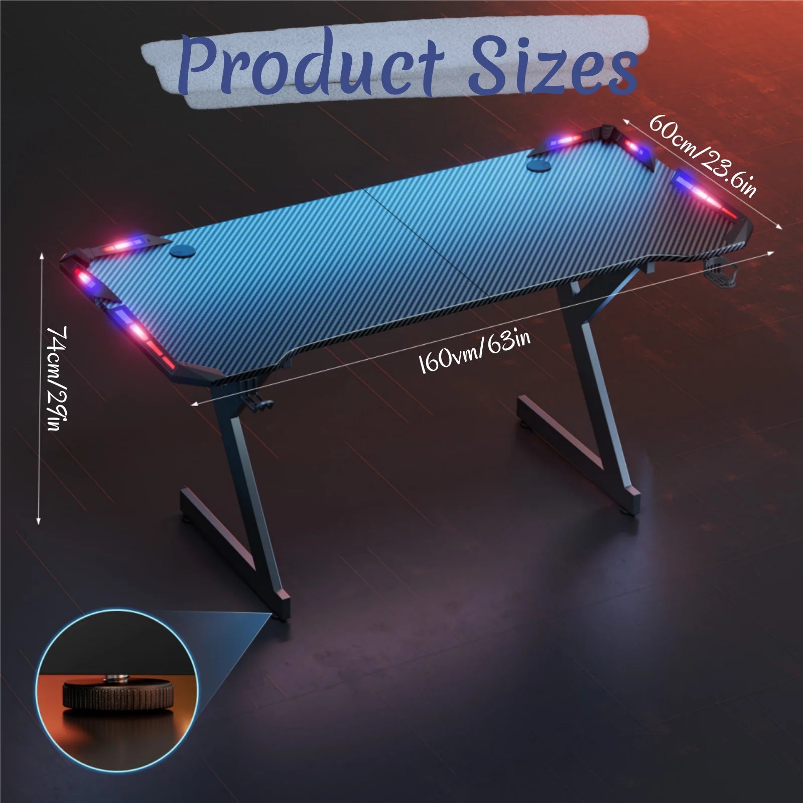Y‑Shaped Gaming Desk with RGB LED Lights, Ergonomic Carbon‑Fiber Surface PC Workstation Table with Headphone Hook &amp; Cup Holder