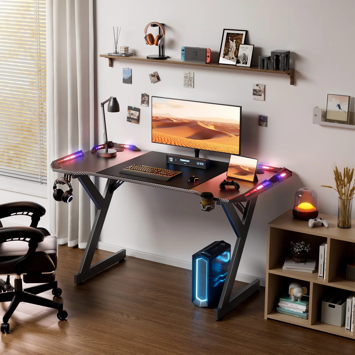 Y‑Shaped Gaming Desk with RGB LED Lights, Ergonomic Carbon‑Fiber Surface PC Workstation Table with Headphone Hook &amp; Cup Holder