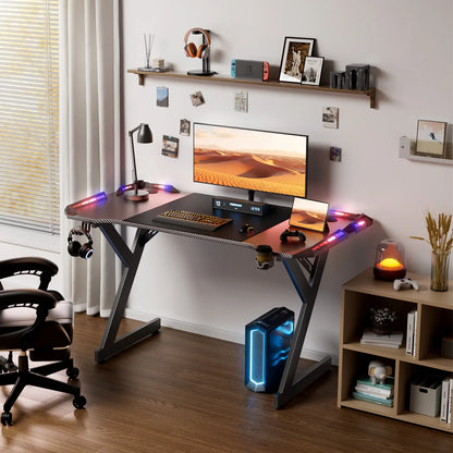Y‑Shaped Gaming Desk with RGB LED Lights, Ergonomic Carbon‑Fiber Surface PC Workstation Table with Headphone Hook &amp; Cup Holder