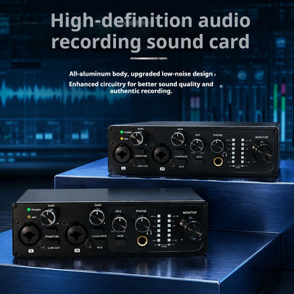 2 Channel USB Audio Interface with 48V Phantom Power Low Noise Sound Card for PC - Ideal for Recording Podcasts Guitar And Live