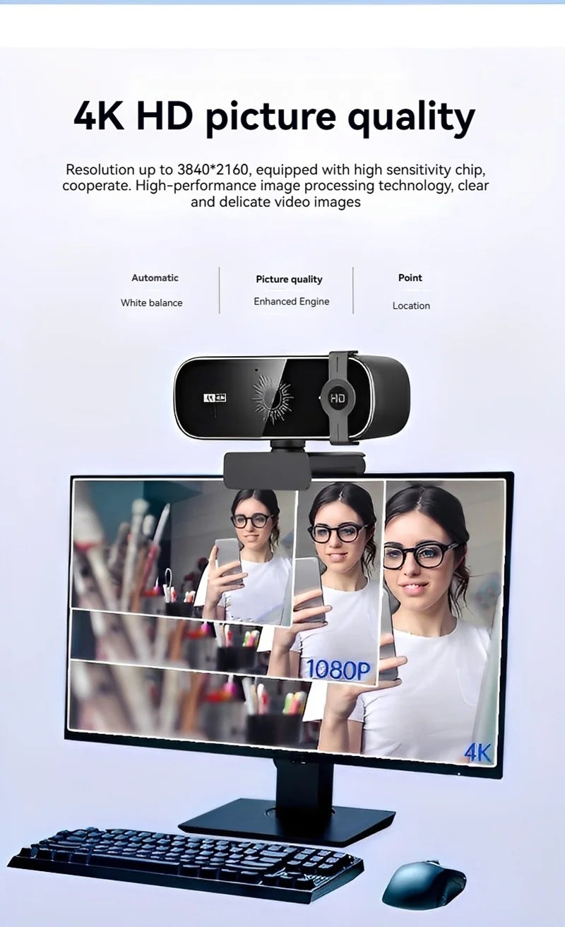 4K Webcam For PC Auto-Focus with Remote Control Privacy Cover Webcam With Microphone Plug &amp; Play For Laptop/Desktop Video Callin